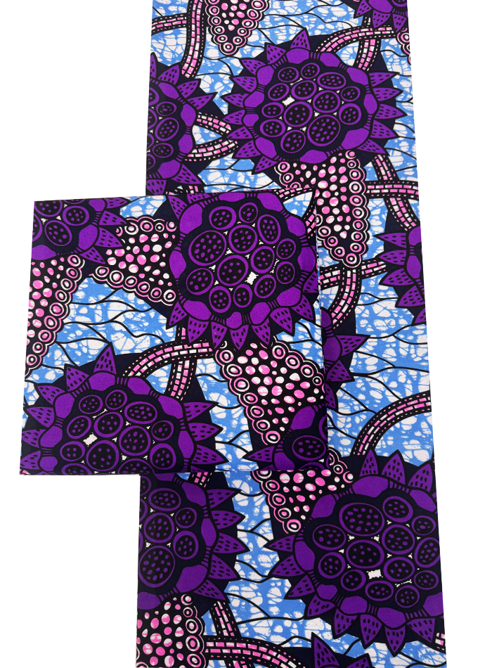 Purple and blue african fabric with floral design on a white background