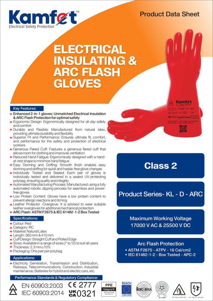 Raychem RPG Kamfet KL-D Class 2 Electrical Insulating Gloves – 17kV Arc Flash