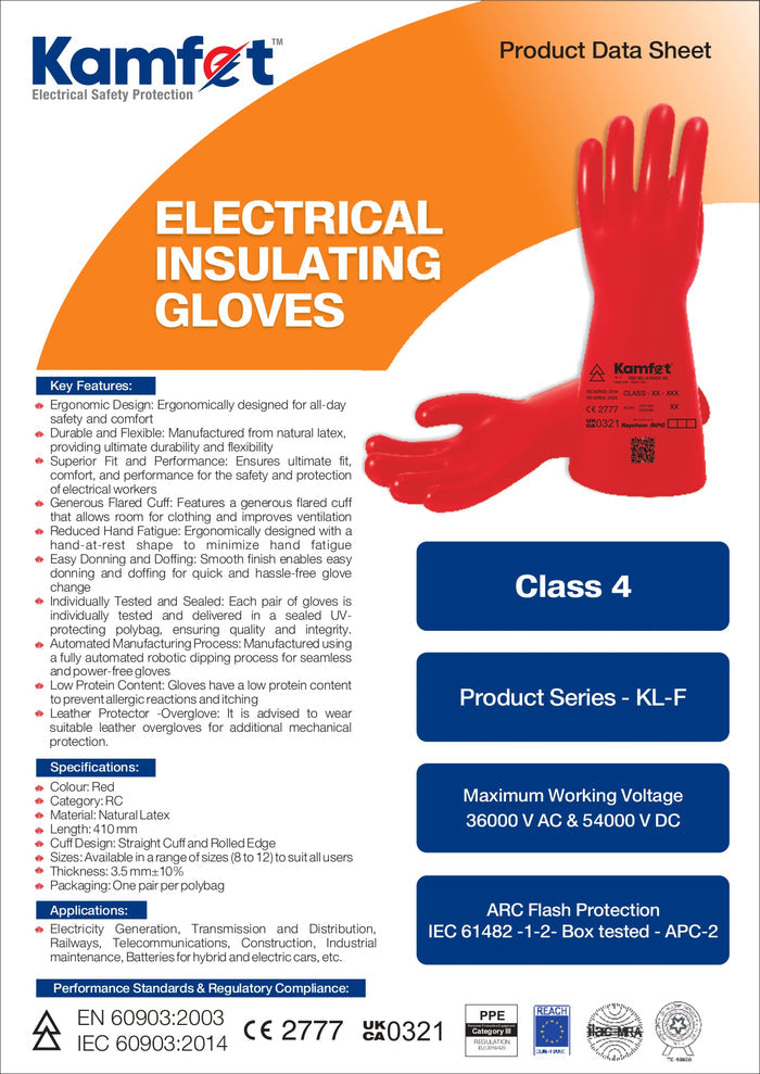 Raychem RPG Kamfet KL-F Class 4 Electrical Insulating Gloves – 36kV AC | Arc Flash Protection