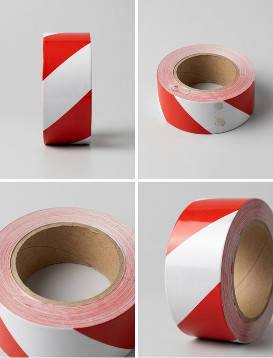 Red and white reflective barrier tape with packaging on a gray background
