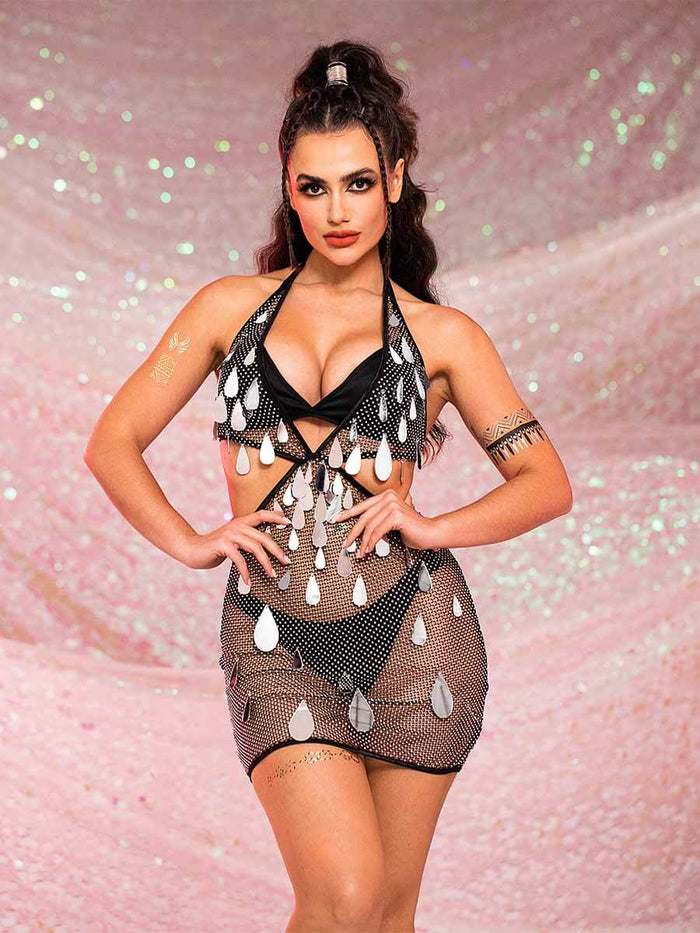 Rhinestone Sequin Dress - Deep V Hollow Mini Dress