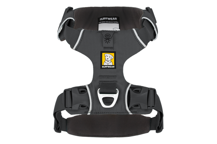 Ruffwear Front Range Harness in Basalt Grey, top view showing the back V-ring