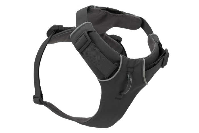 Ruffwear Front Range Harness in Basalt Grey, underside view showing chest clip and padding
