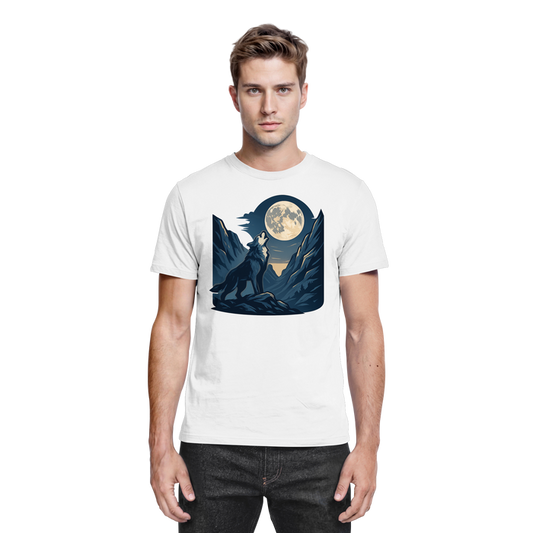 Front view of a white unisex Silver Howl shirt by Arvenzo, featuring a sleek design and comfortable fit.