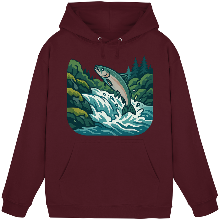 Front view of Arvenzo Silver Run hoodie, unisex burgundy sweatshirt with a simple design and adjustable drawstring hood.