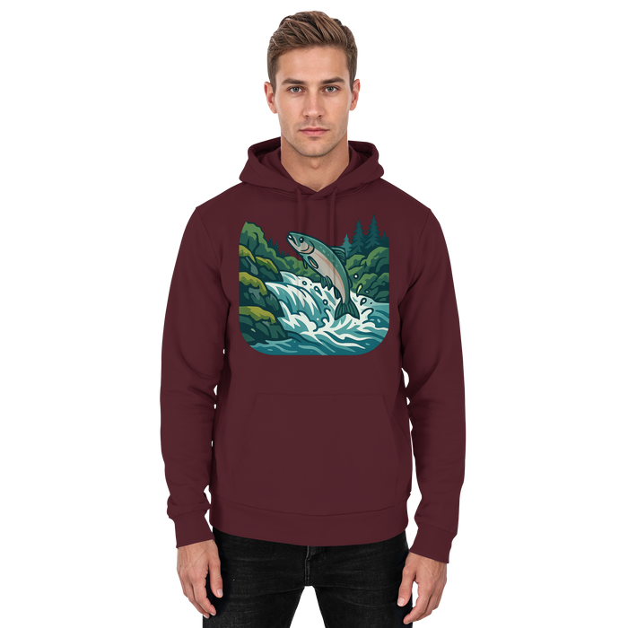 Front view of Arvenzo Silver Run Hoodie, unisex burgundy hoodie with a basic design and drawstring hood.