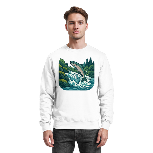 Front view of Arvenzo Silver Run sweatshirt in Arctic White, featuring a classic crewneck and relaxed fit.