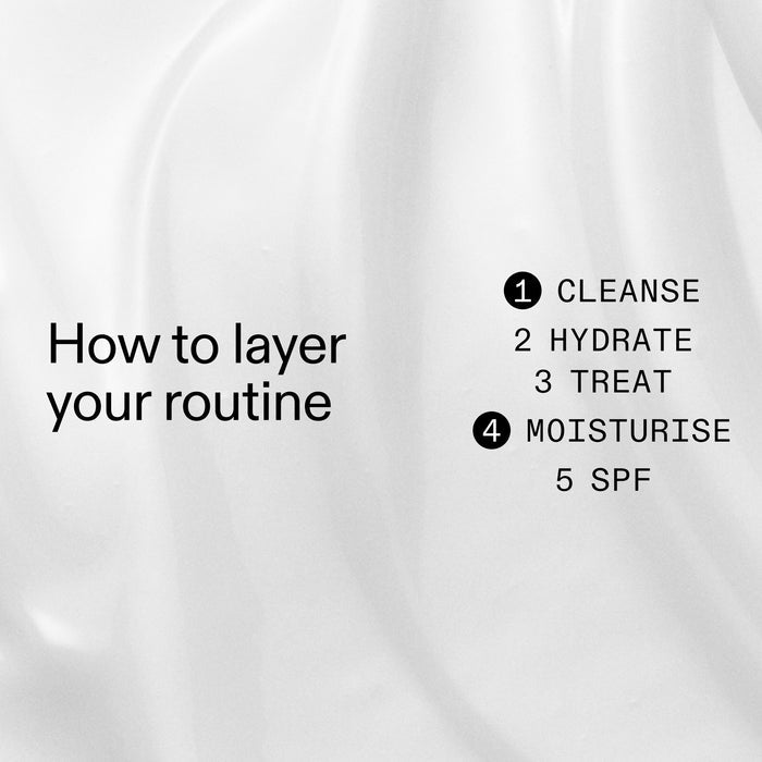 Text overlay on a blurred background with steps for layering a skincare routine.