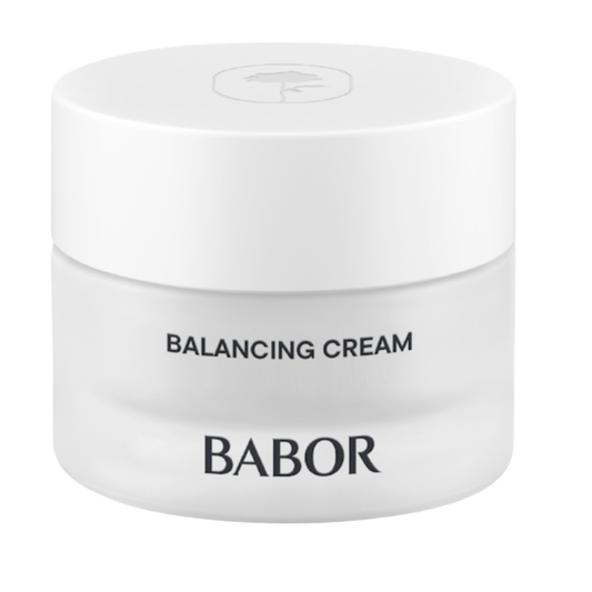 BABOR Balancing Cream in schlichtem, weißen Tiegel, ausgleichende Gesichtscreme für Mischhaut und ölige Haut, reguliert den Feuchtigkeitshaushalt und sorgt für ein klares, mattiertes Hautbild.