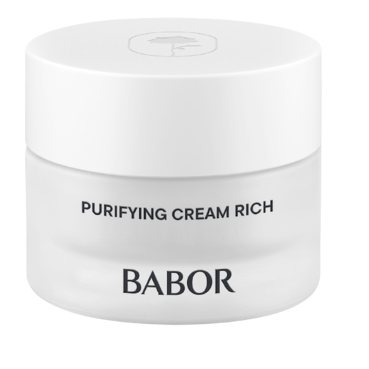 BABOR Purifying Cream Rich in schlichtem, weißen Tiegel, reichhaltige klärende Gesichtscreme für unreine und gleichzeitig trockene Haut, reduziert Unreinheiten und sorgt für ein ausgeglichenes, gepflegtes Hautbild.