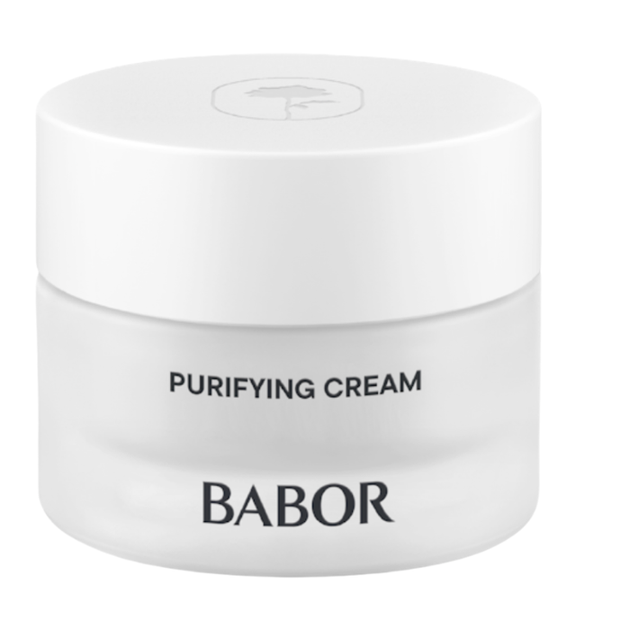 BABOR Purifying Cream in schlichtem, weißen Tiegel, klärende Gesichtscreme für unreine und ölige Haut, reduziert Unreinheiten und sorgt für ein mattiertes, verfeinertes Hautbild.