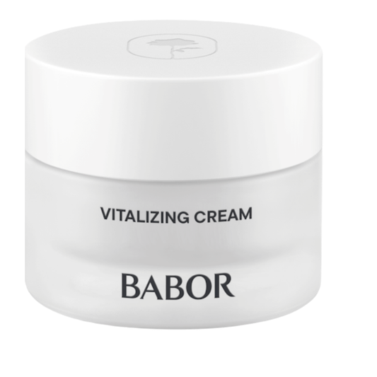 BABOR Vitalizing Cream in schlichtem, weißen Tiegel, revitalisierende Gesichtscreme für mehr Energie, Ausstrahlung und ein frisches, ebenmäßiges Hautbild.
