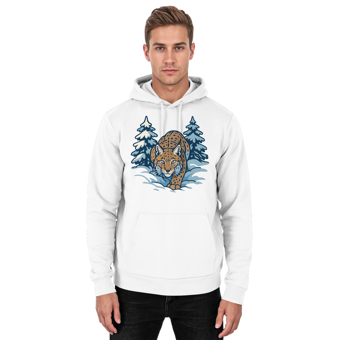 Arvenzo Snow Lynx hoodie in Arctic White, unisex front view showing cozy hoodie with a clean design and soft fabric.
