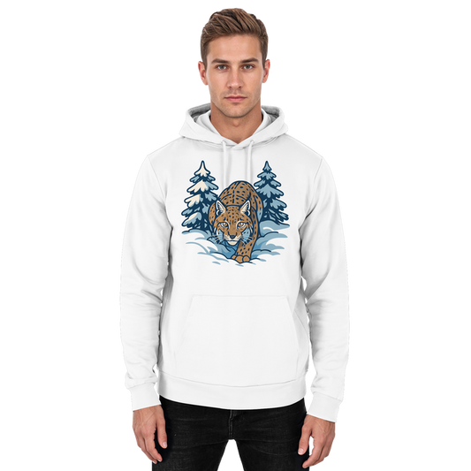 Arvenzo Snow Lynx hoodie in Arctic White, unisex front view showing cozy hoodie with a clean design and soft fabric.