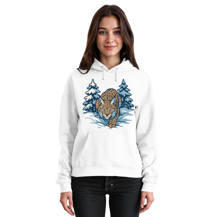 Arvenzo Snow Lynx hoodie in Arctic White, unisex front view showing cozy, casual hoodie with a simple design and soft fabric.