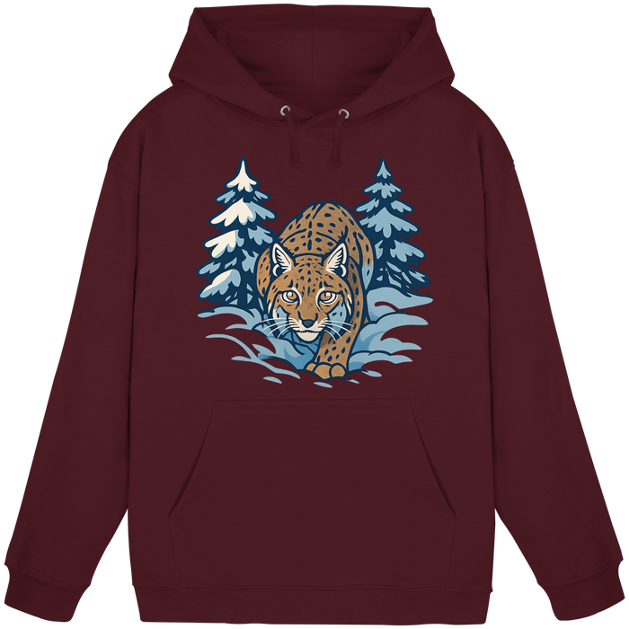 Front view of burgundy Arvenzo Snow Lynx hoodie, unisex design with a cozy fit and minimalist style.