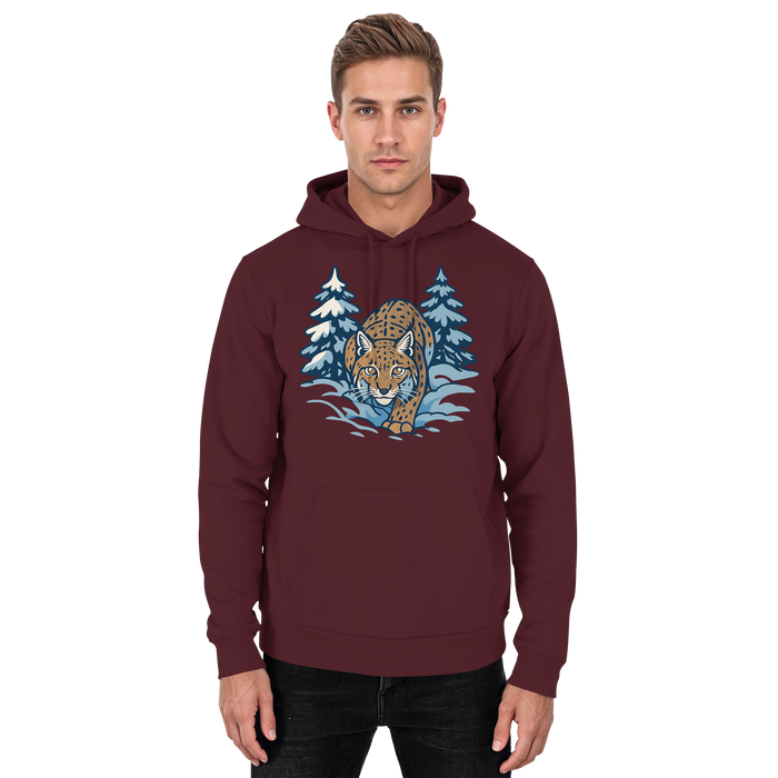 Front view of Arvenzo Snow Lynx Hoodie in burgundy, unisex hoodie with a simple design, soft fabric, and comfortable fit.