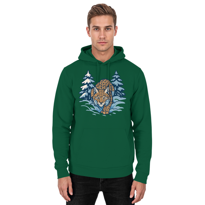 Arvenzo Snow Lynx hoodie in bottle green, unisex front view showing casual hoodie with a snow lynx graphic design