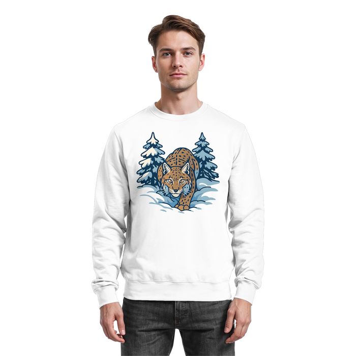 Arvenzo Snow Lynx sweatshirt in Arctic White, front view showing classic crewneck design and soft fabric texture.