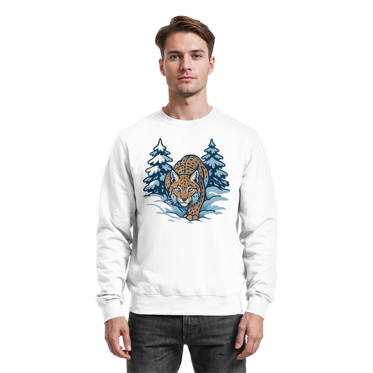 Arvenzo Snow Lynx sweatshirt in Arctic White, front view showing classic crewneck design and soft fabric texture.