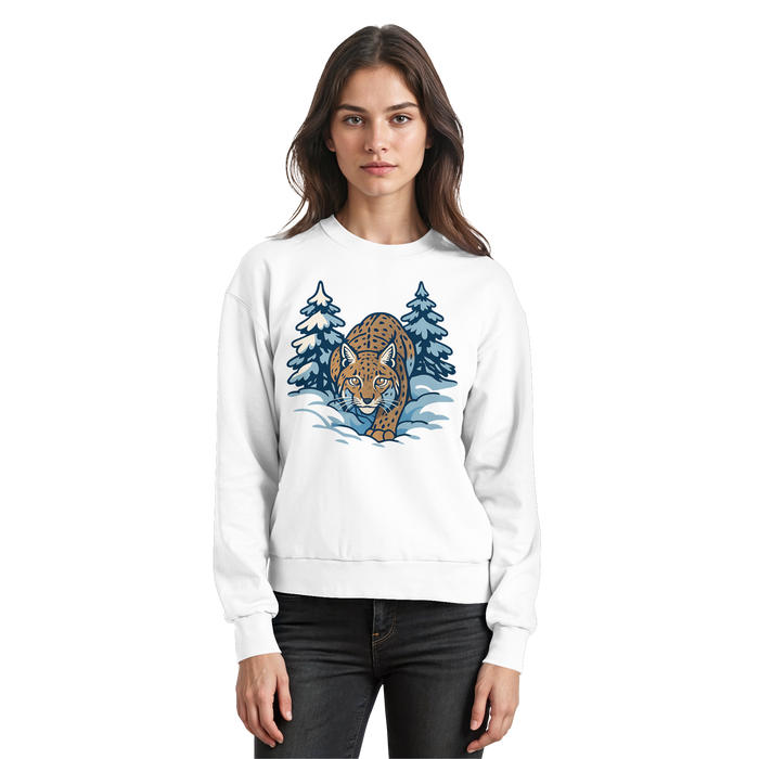 Arvenzo Snow Lynx sweatshirt in Arctic White, front view showcasing the casual crewneck design and soft fabric.