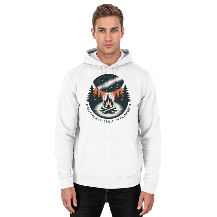 Arvenzo Star Map Hoodie in Arctic White, unisex front view showing celestial star pattern on cozy hoodie fabric.