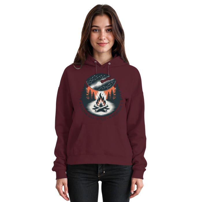 Front view of burgundy Arvenzo Star Map Hoodie, unisex casual hoodie with star pattern design.