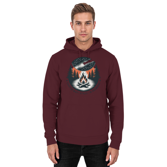 Front view of Arvenzo Star Map Hoodie, a burgundy unisex hoodie featuring a star map design on the front.
