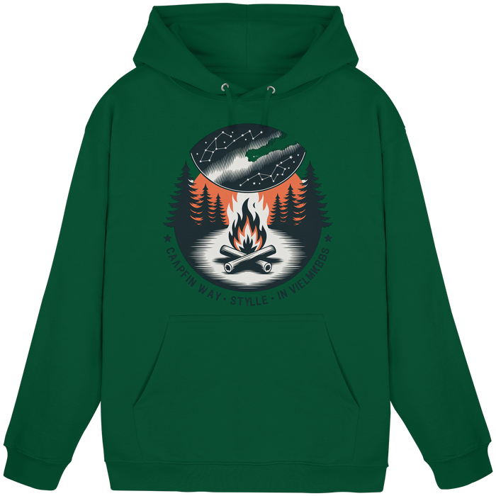 Unisex bottle green Star Map Hoodie by Arvenzo, front view showing celestial star pattern on cozy hoodie fabric.