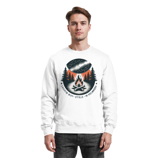Arvenzo star map sweatshirt in Arctic White featuring a celestial star pattern on the front.