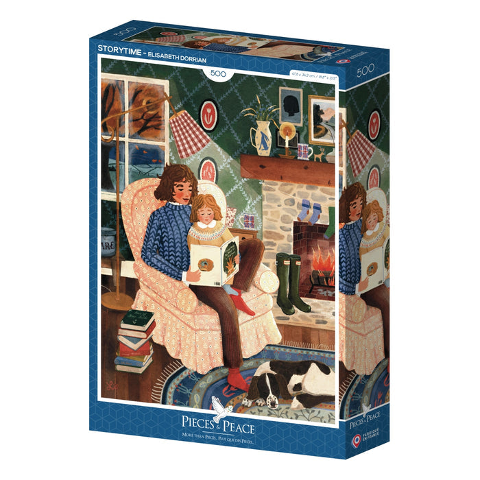The Pieces & Peace "Storytime" 500-piece jigsaw puzzle, made in France, features Elisabeth Dorrian’s art of an adult and child reading by the fireplace with books, a dog, and cozy decor.