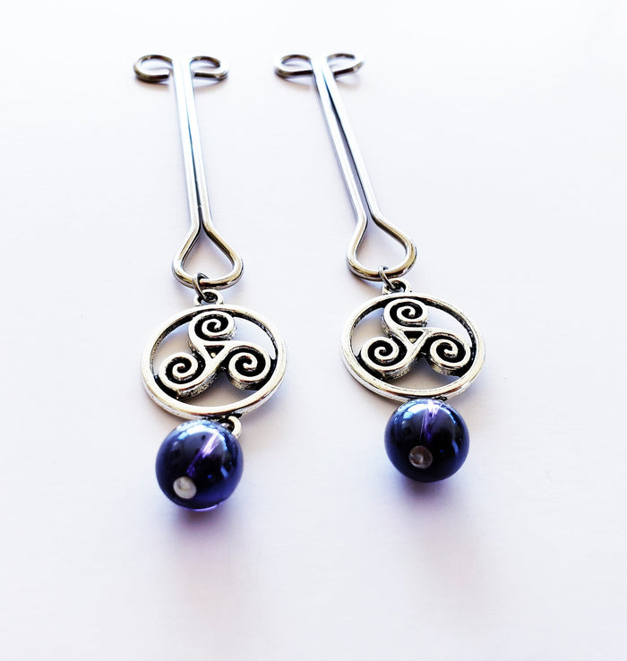 Straight Nipple Clamps with Triskelion and Purple Glass Beads