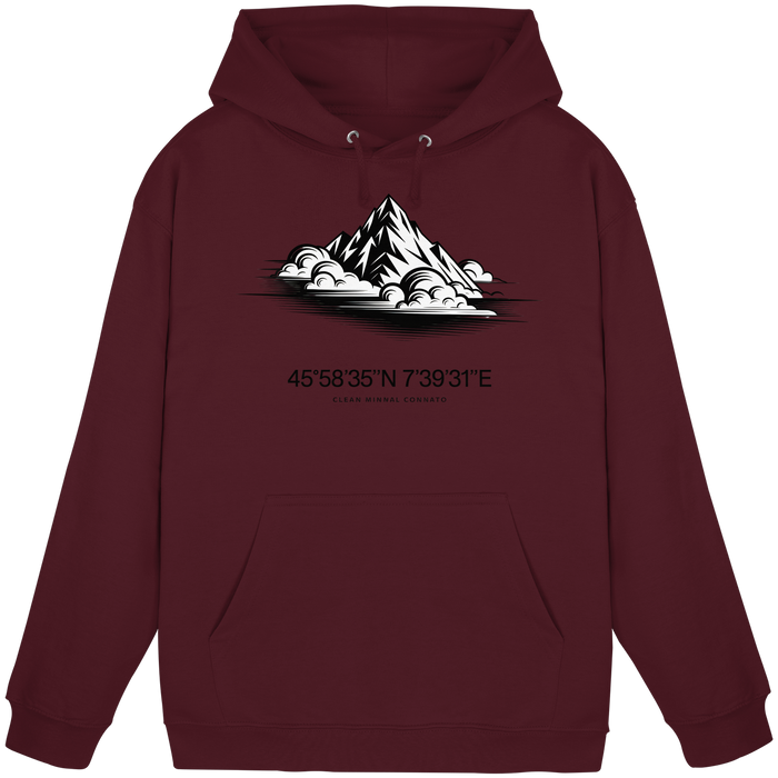 Front view of a burgundy Arvenzo Summit Point hoodie, unisex design with a simple, classic fit and soft fabric.