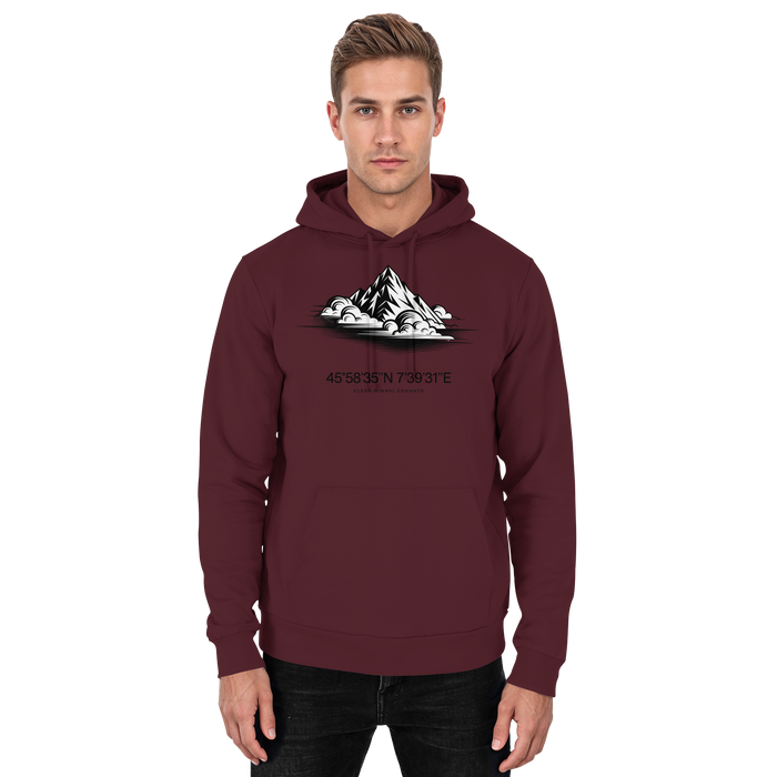 Front view of Arvenzo Summit Point unisex burgundy hoodie with a simple design and adjustable drawstring hood.