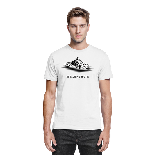 White Arvenzo Summit Point unisex shirt with front design, made from premium fabric, casual and comfortable for everyday wear.