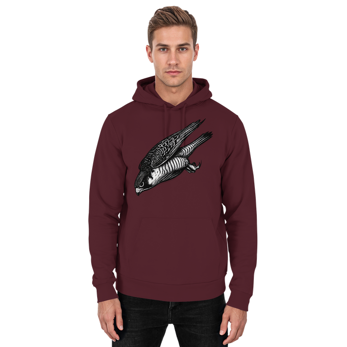 Unisex burgundy Arvenzo Swift Dive hoodie with front design, soft fabric, and relaxed fit, displayed on a plain background.
