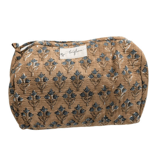 Taupe & Blue Floral Block Print Quilted Large Washbag - Precious Sparkle