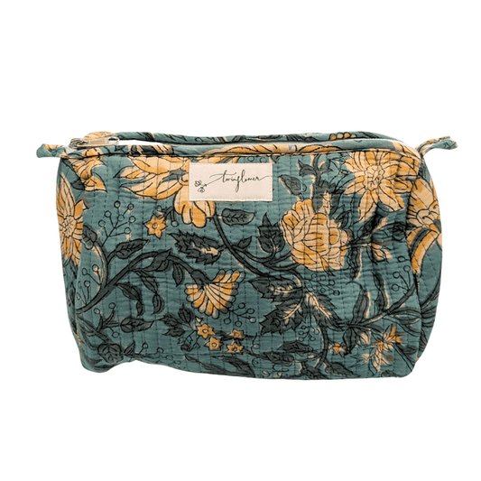 Teal & Yellow Floral Block Print Quilted Large Washbag - Precious Sparkle
