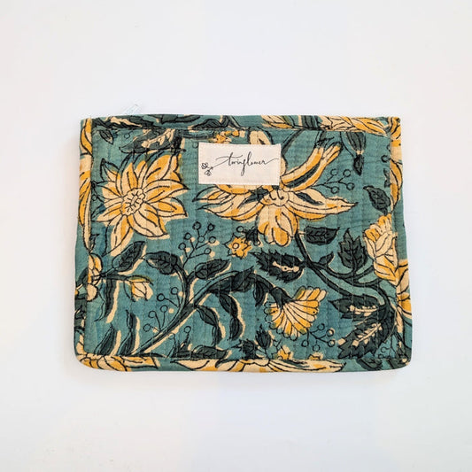Teal & Yellow Floral Block Print Quilted Medium Purse - Precious Sparkle