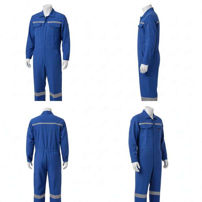 Blue coveralls with reflective stripes on a white background