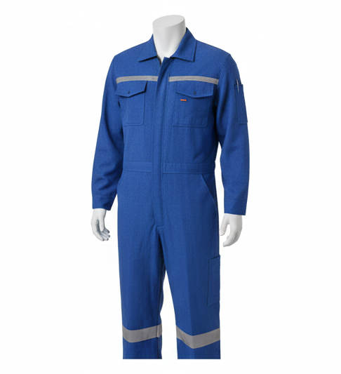 Blue coveralls with reflective stripes on a white background