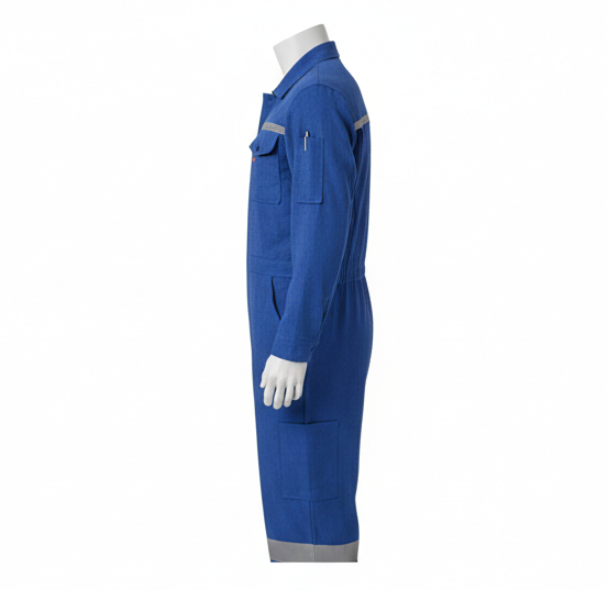 Blue coveralls with reflective stripes on a white background