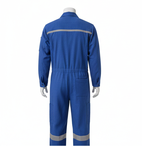 Blue coveralls with reflective stripes on a white background