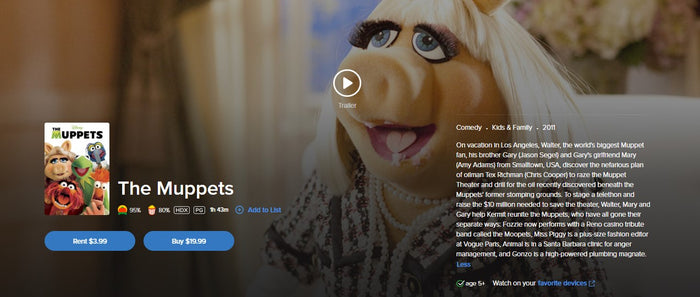 The Muppets HD Digital Code (2011) (Redeems in Movies Anywhere; HDX Vudu Fandango at Home & HD iTunes Apple TV Transfer From Movies Anywhere)