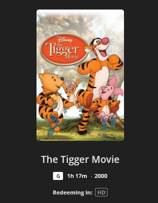 The Tigger Movie HD Digital Code (2000) (Redeems in Movies Anywhere; HDX Vudu Fandango at Home & HD iTunes Apple TV Transfer From Movies Anywhere)