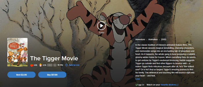 The Tigger Movie HD Digital Code (2000) (Redeems in Movies Anywhere; HDX Vudu Fandango at Home & HD iTunes Apple TV Transfer From Movies Anywhere)