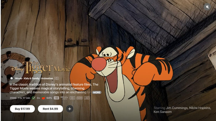 The Tigger Movie HD Digital Code (2000) (Redeems in Movies Anywhere; HDX Vudu Fandango at Home & HD iTunes Apple TV Transfer From Movies Anywhere)