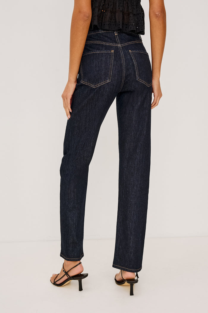 Topanga High-Rise Wide Straight Leg Jean in Dark Wash Denim With 5-Pockets and a Front Zip-Fly in Midnight Blues Colorway - Lower Body back View Featured on Model