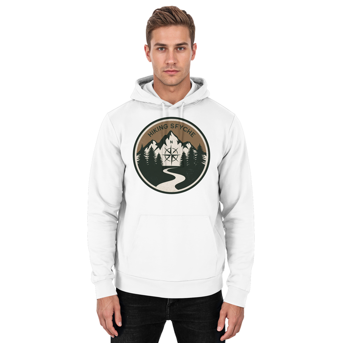 Arvenzo Trail Crest Hoodie in Arctic White, unisex front view showing a casual hoodie with a relaxed fit and soft fabric.