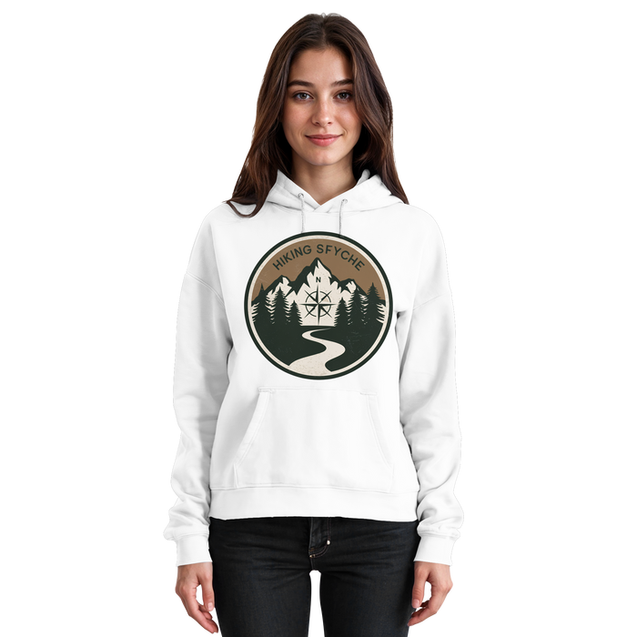 Arvenzo Trail Crest Hoodie in Arctic White, front view showing a unisex casual hoodie with a simple design.